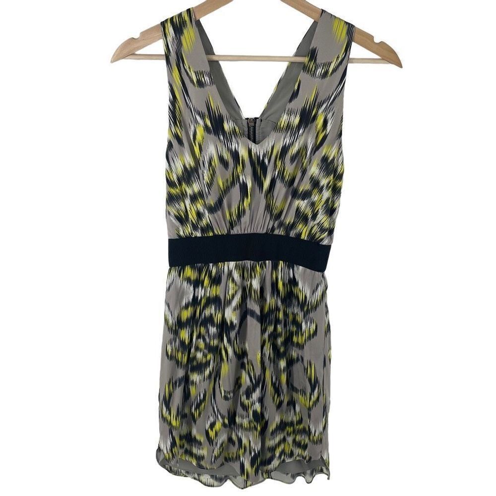 Milly of New York silk V-neck Ikat Print Mini Dress Size 0 gray yellow black